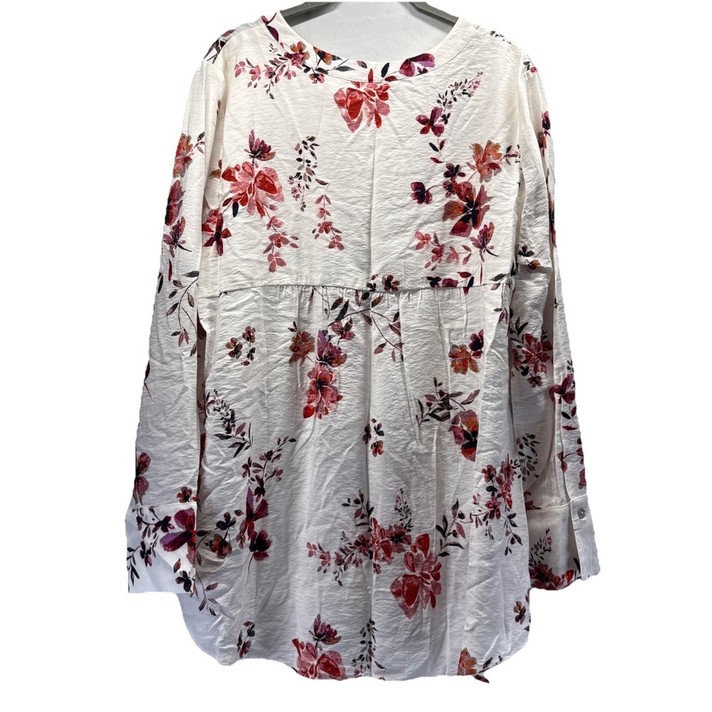 J Jill Women's Top Blouse Tunic Large Pink Cream Floral Popover Long Sleeves $89 - Picture 5 of 10